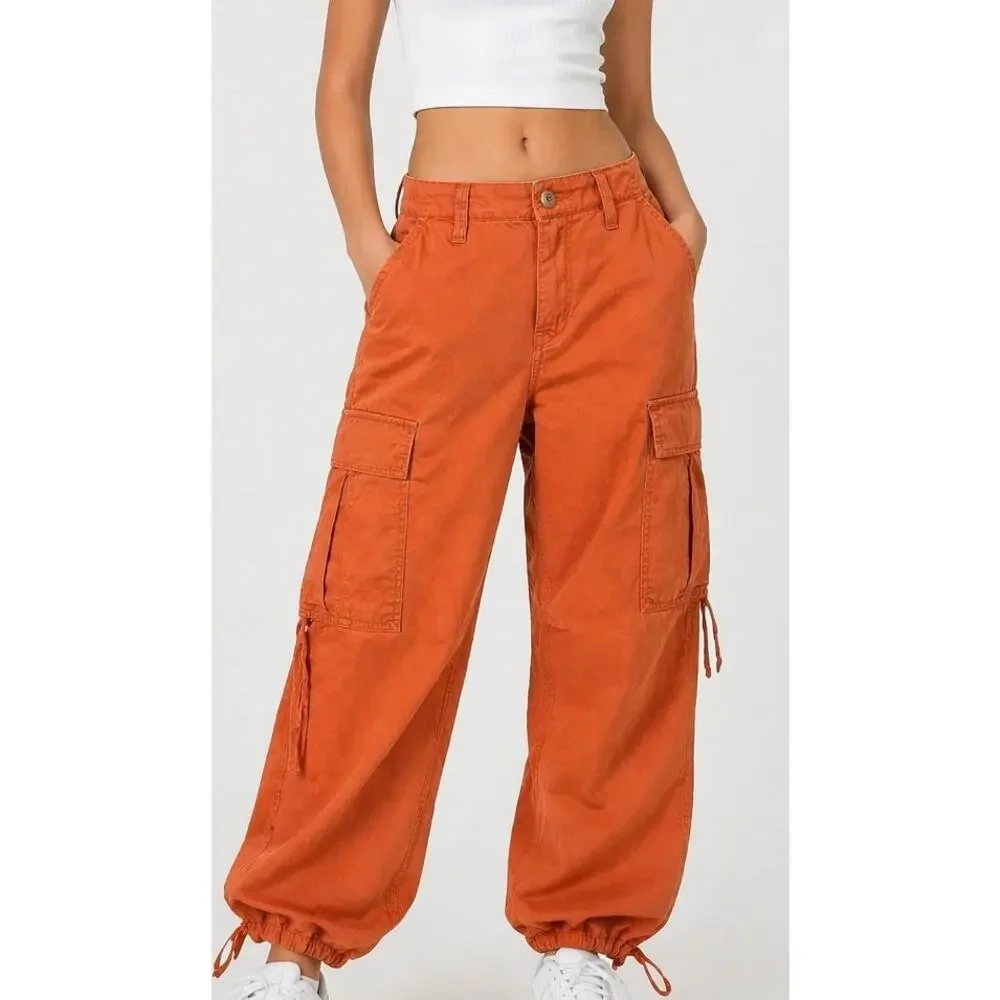 Levi’s 94 Baggy Cargo Pants Orange Wide Leg Utility Pants Tie Cuff Size 27 NWOT - Picture 2 of 8